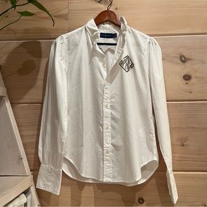 Ralph Lauren White Cotton Beaded Emblem Button Down Puff Sleeve Top S